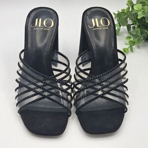 JLO Jennifer Lopez Tanel Heels Mules Clear Black Rhinestone Straps 7.5‎ Slip On
